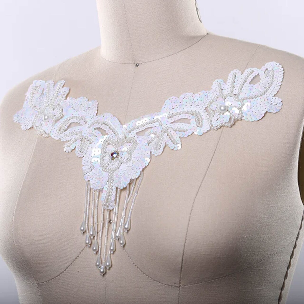 White Sequin Beaded Fringe Applique Patch With Sparkling Rhinestone Detail